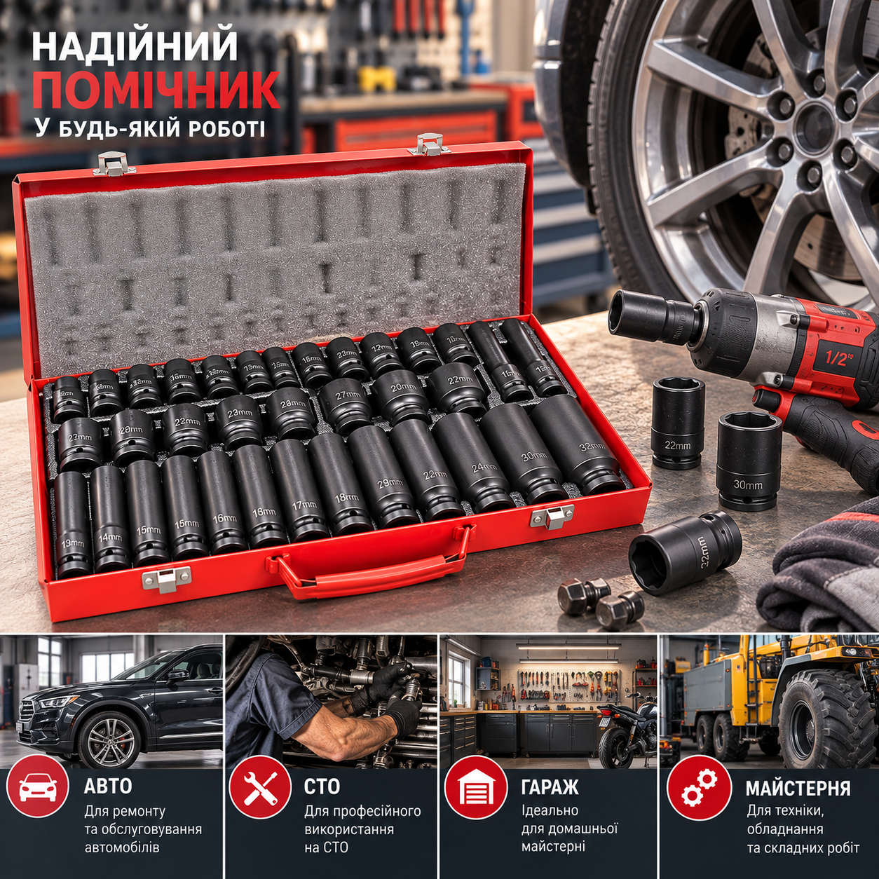 Набір ударних шестигранних головок 35 предметів 1/2" (12,7 мм) в металевому кейсі. — фото 2