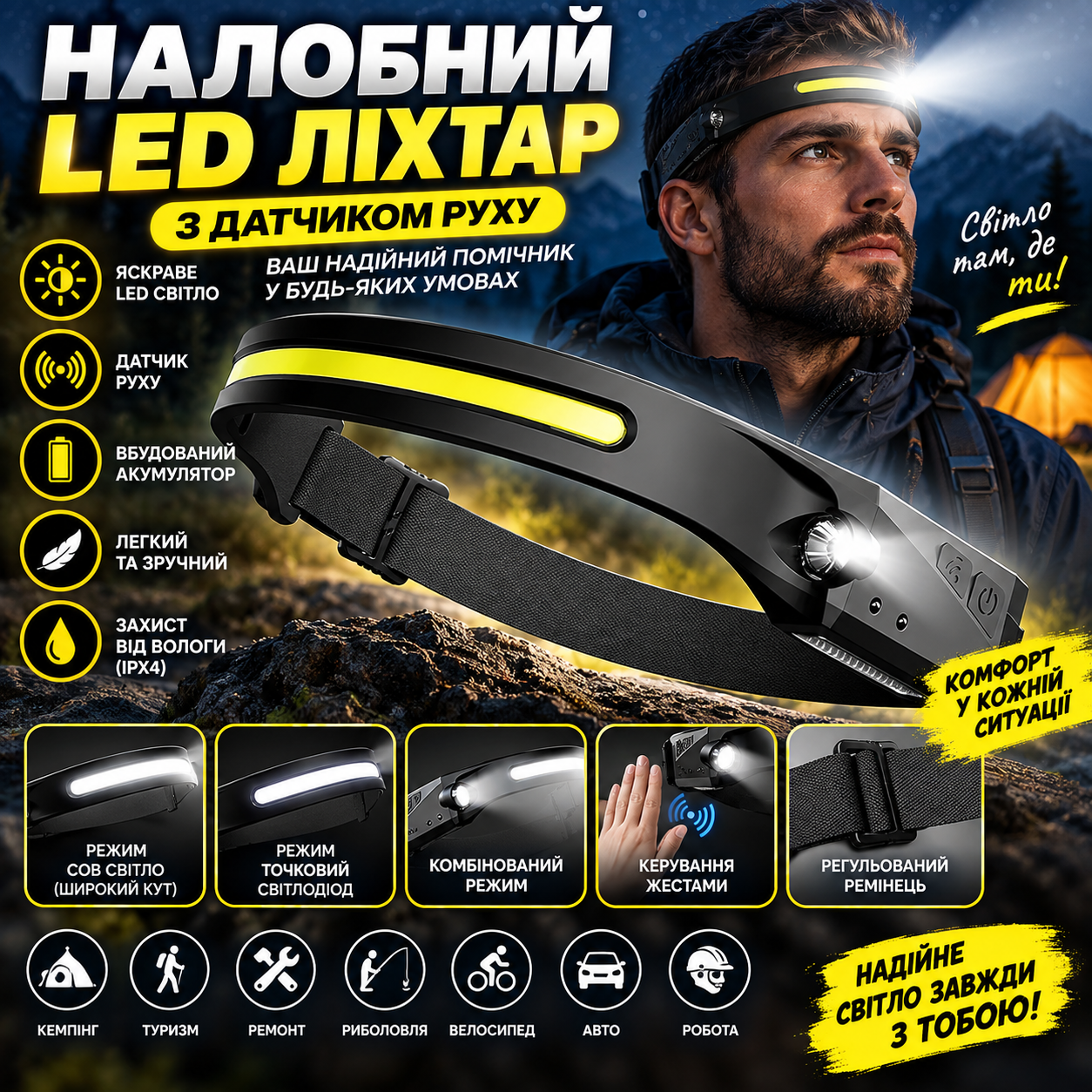 Світлодіодний LED ліхтар налобний з акумулятором і датчиком руху 26X-391 — фото 2