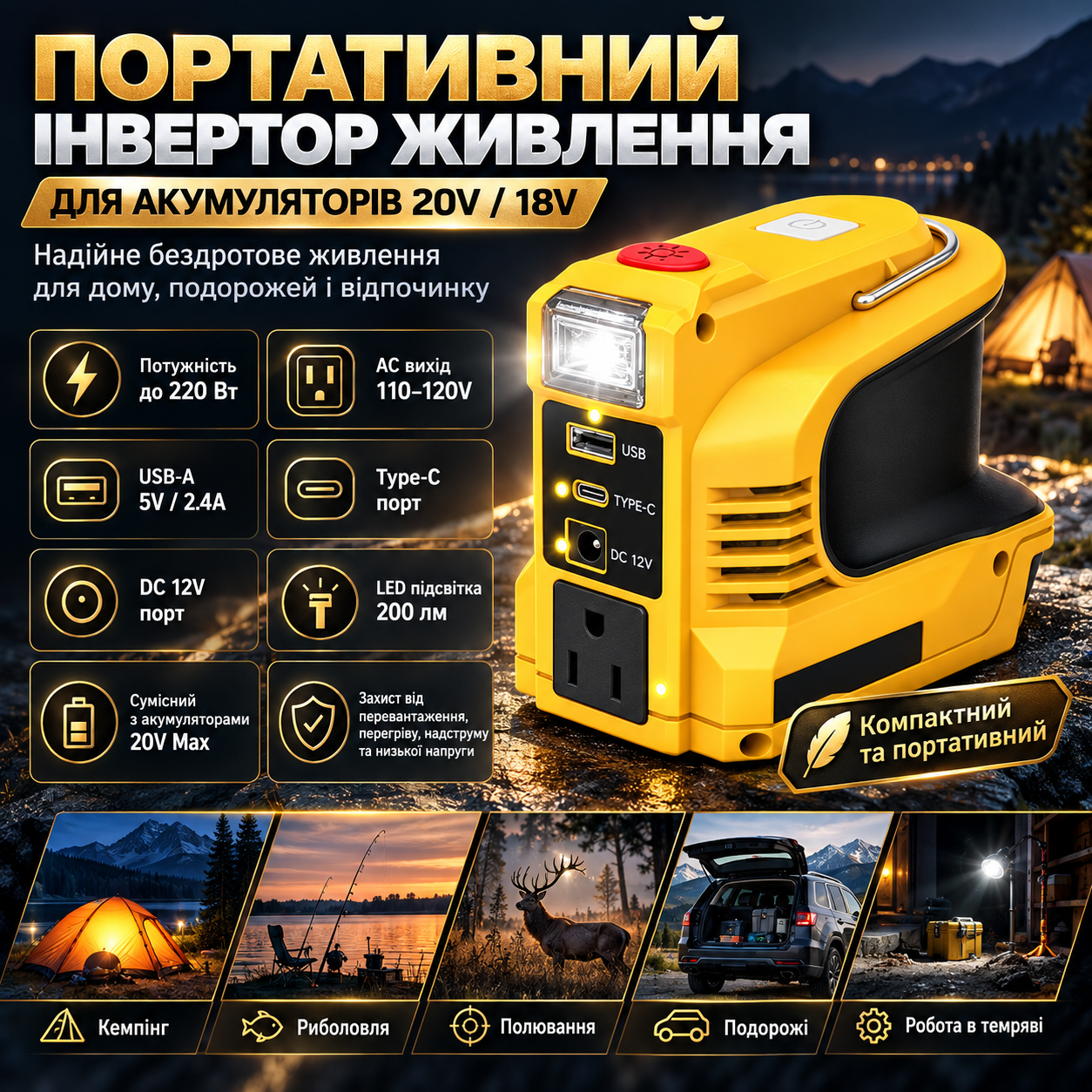 Інвертор живлення 220 Вт для акумулятора 20 В / Портативний перетворювач напруги - DC 20 В 110–120 В / Перетворювач USB-B та USB-C з LED- по — фото 2