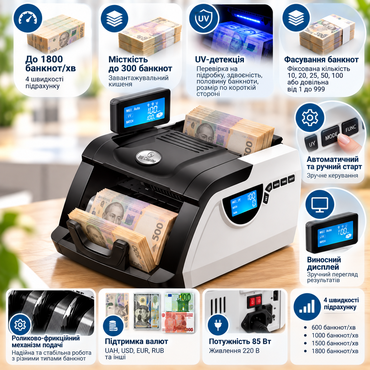 Рахункова машинка Bill Counter GR-6200 / Лічильник банкнот з детектором / Лічильник банкнот 220 В — фото 3