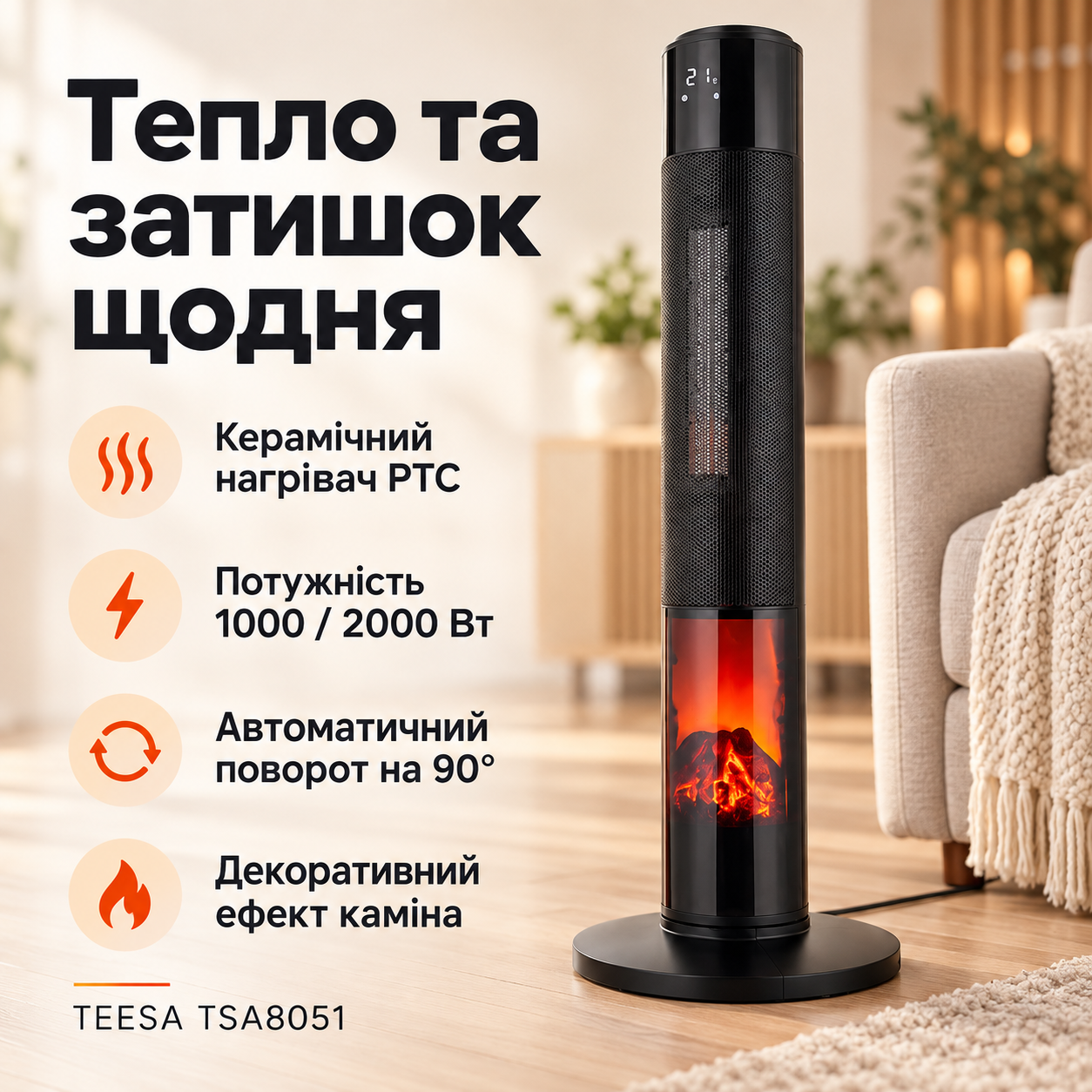 Керамічний колонний тепловентилятор TEESA TSA8051 / Тепловентилятор з ефектом каміна, дисплеєм + пульт дистанційного керування 2000 Вт — фото 3