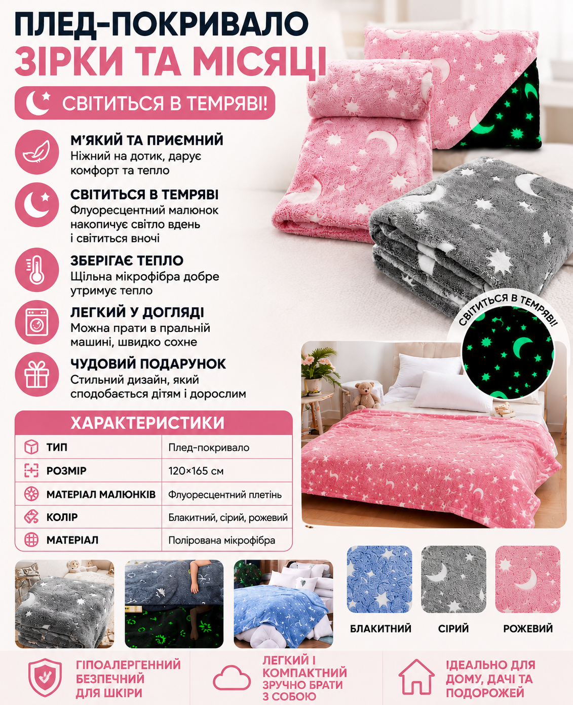Дитячий плед ковдра, що світиться в темряві з зірками Сіра / Блакитна / Рожева 160х125 — фото 2