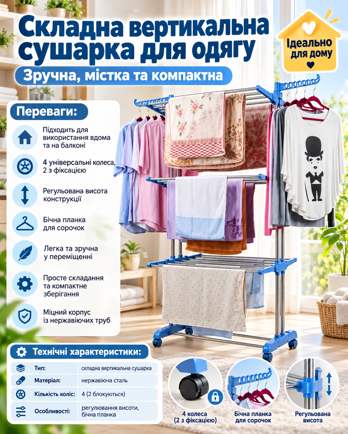 Багатоярусна сушарка для білизни GARMENT RACK WITH WHEELS — фото 3