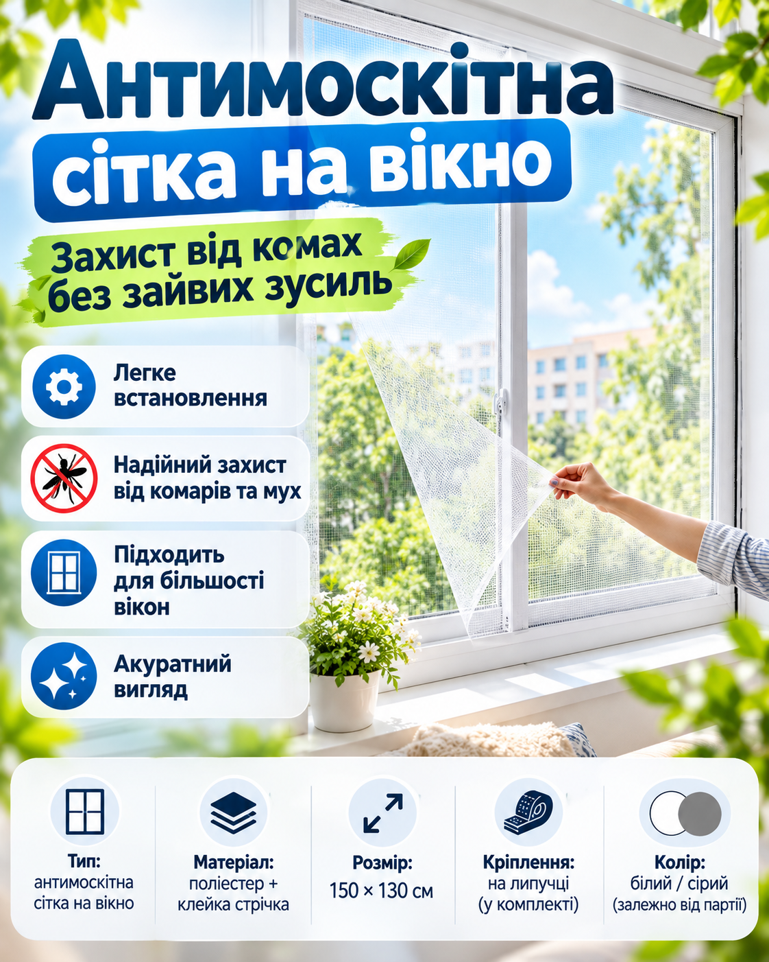 Маскитна сітка для вікна 150 × 130 см — фото 2
