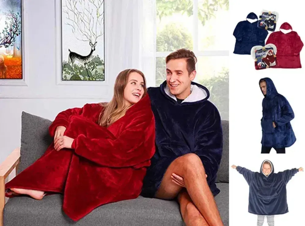 Плед Толстовка з Капюшоном та Руковами Huggle Hoodie 3-в-1 (Синій) Плед з Руками Двосторонній Теплий Худі Халат Домашній — фото 3