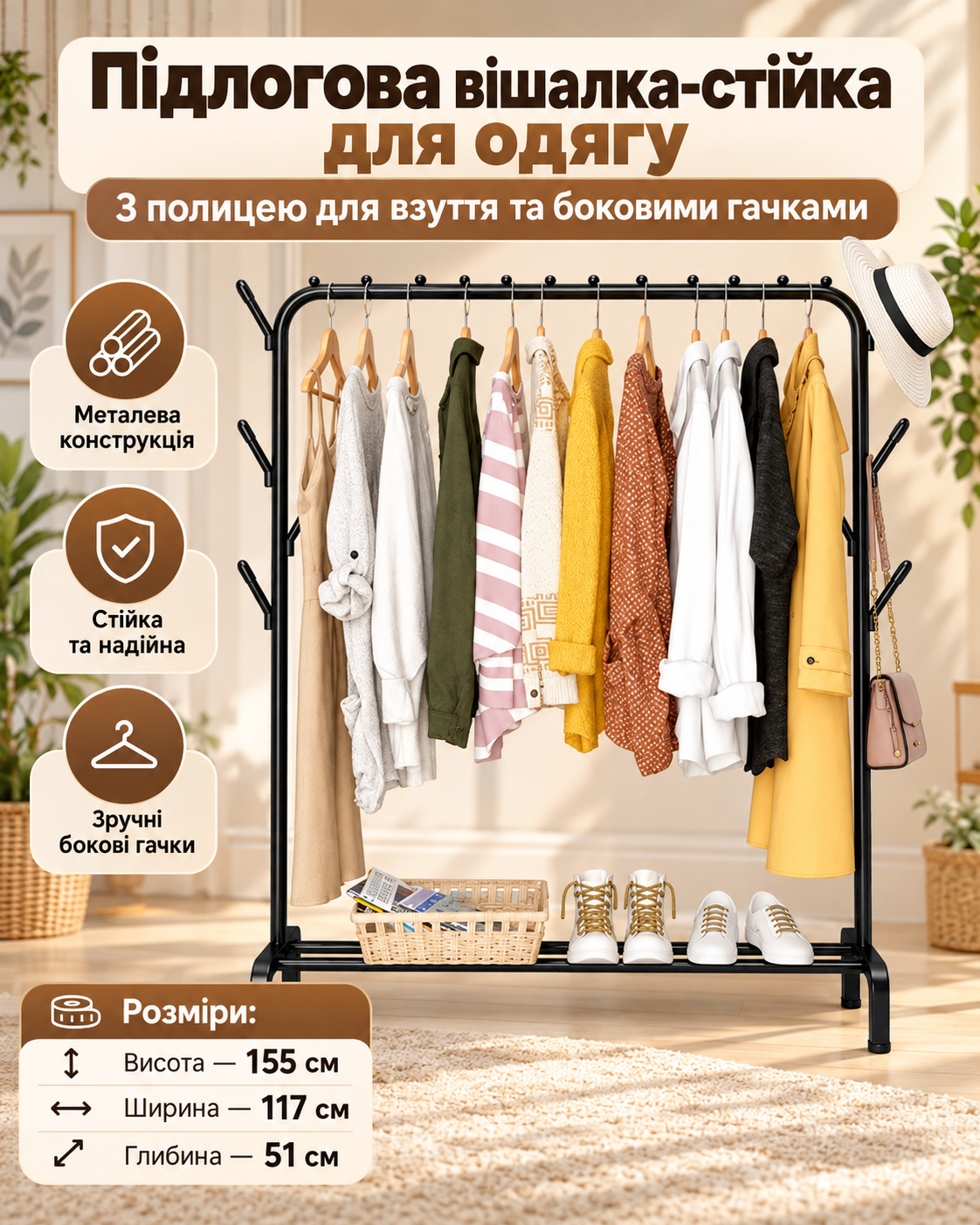 Підлогова вішалка-стійка для одягу з полицею для взуття та бічними гачками, металева — фото 2