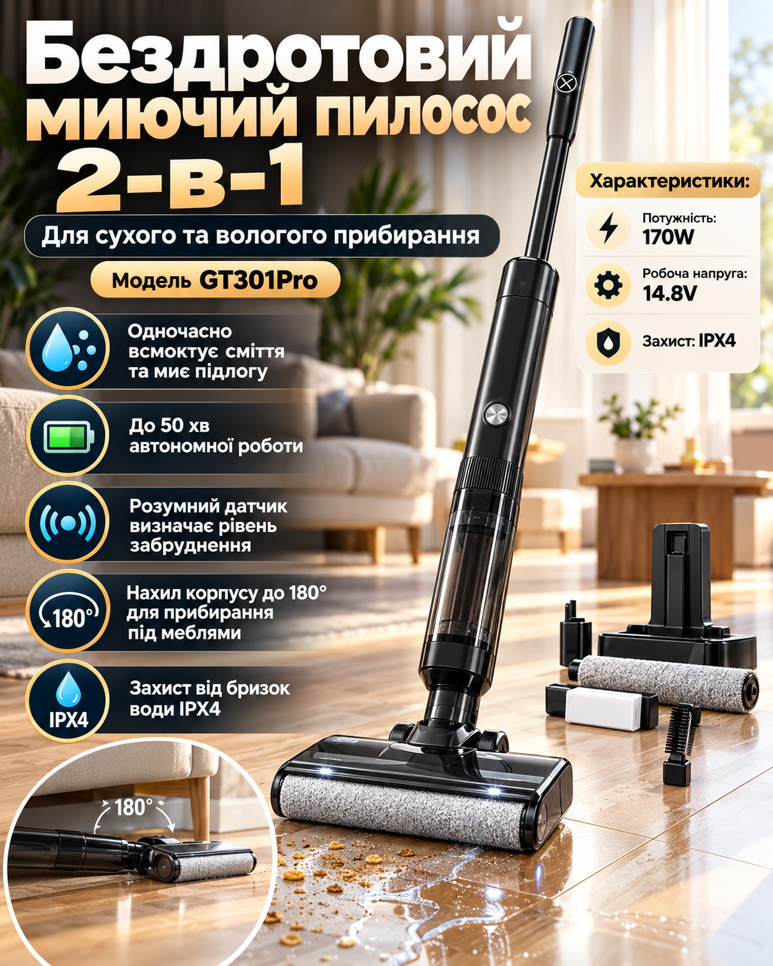 Бездротовий миючий пилосос GT301Pro 2-в-1 для сухого та вологого прибирання — фото 2