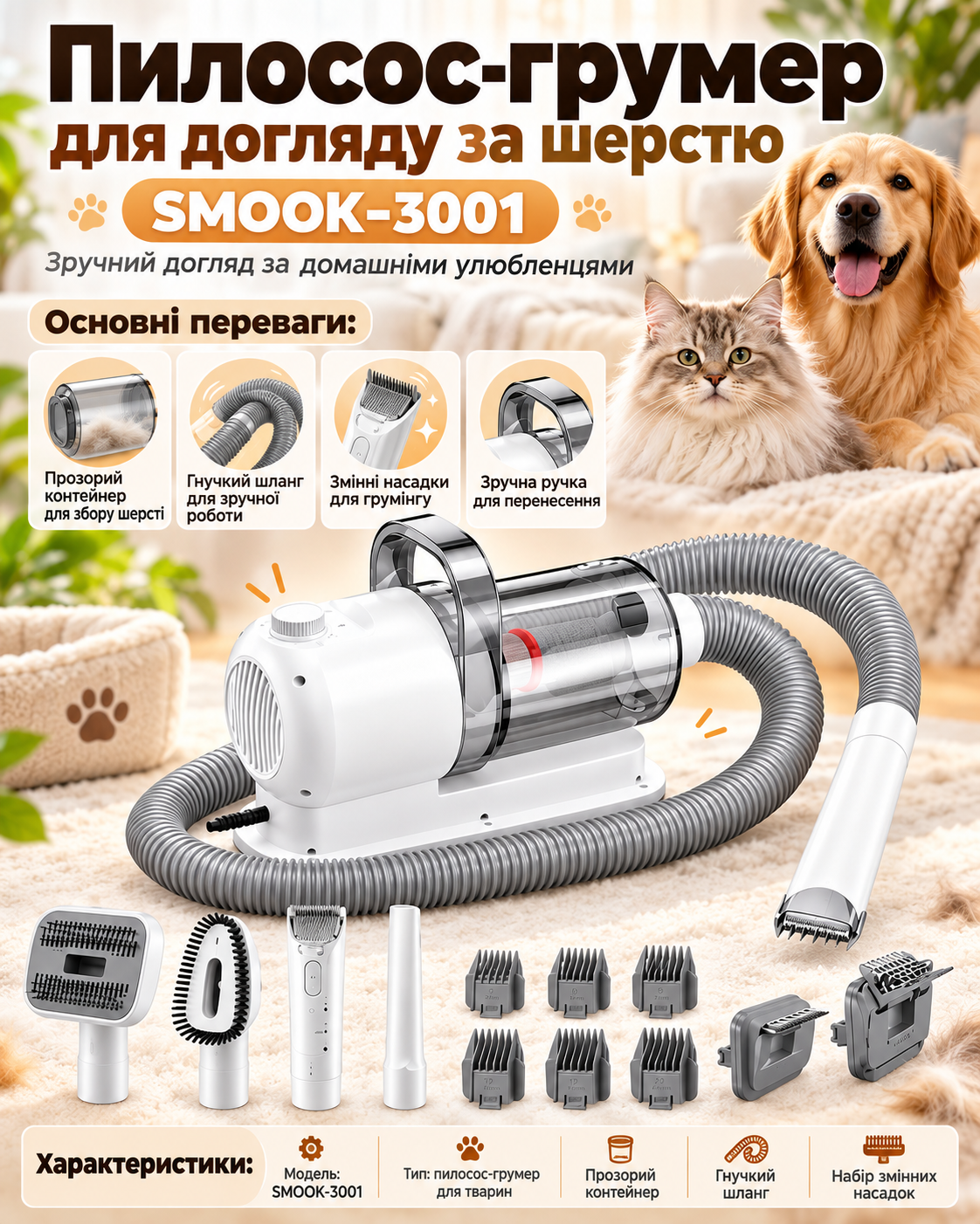 Пилосос-грумер для догляду за шерстю SMOOK-3001 — фото 2