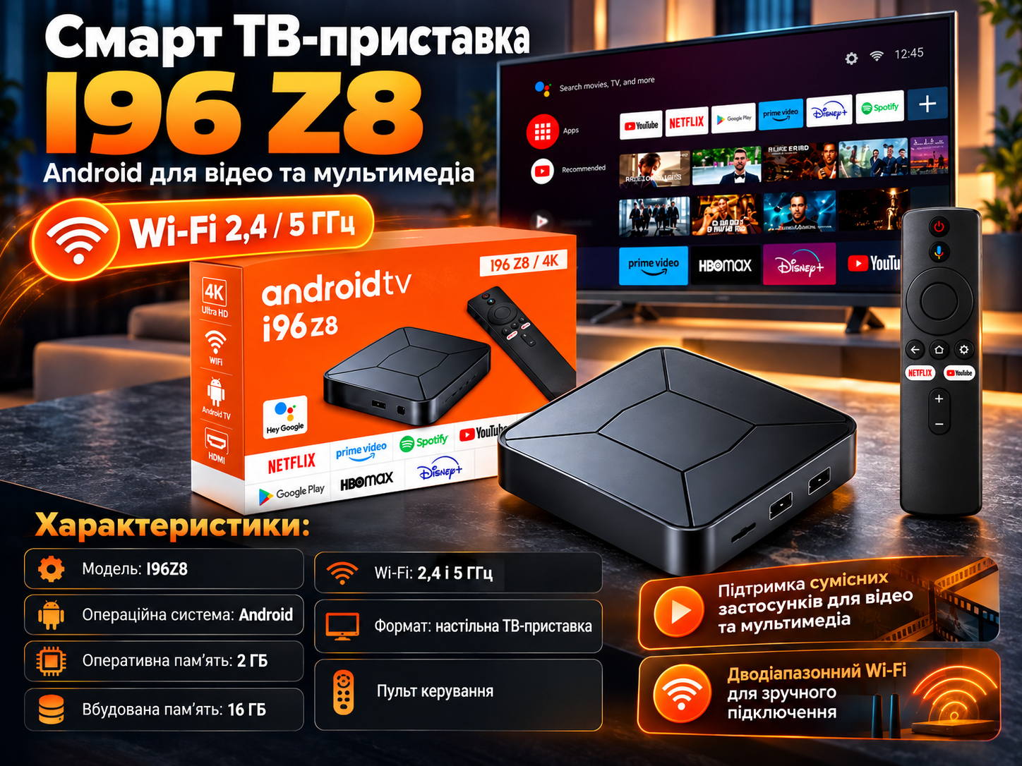 Приставка для TV (I96Z8) (Android 14 ОЗУ-2Gb; ПЗУ-16Gb, WIFI:2.4G+5G) — фото 2