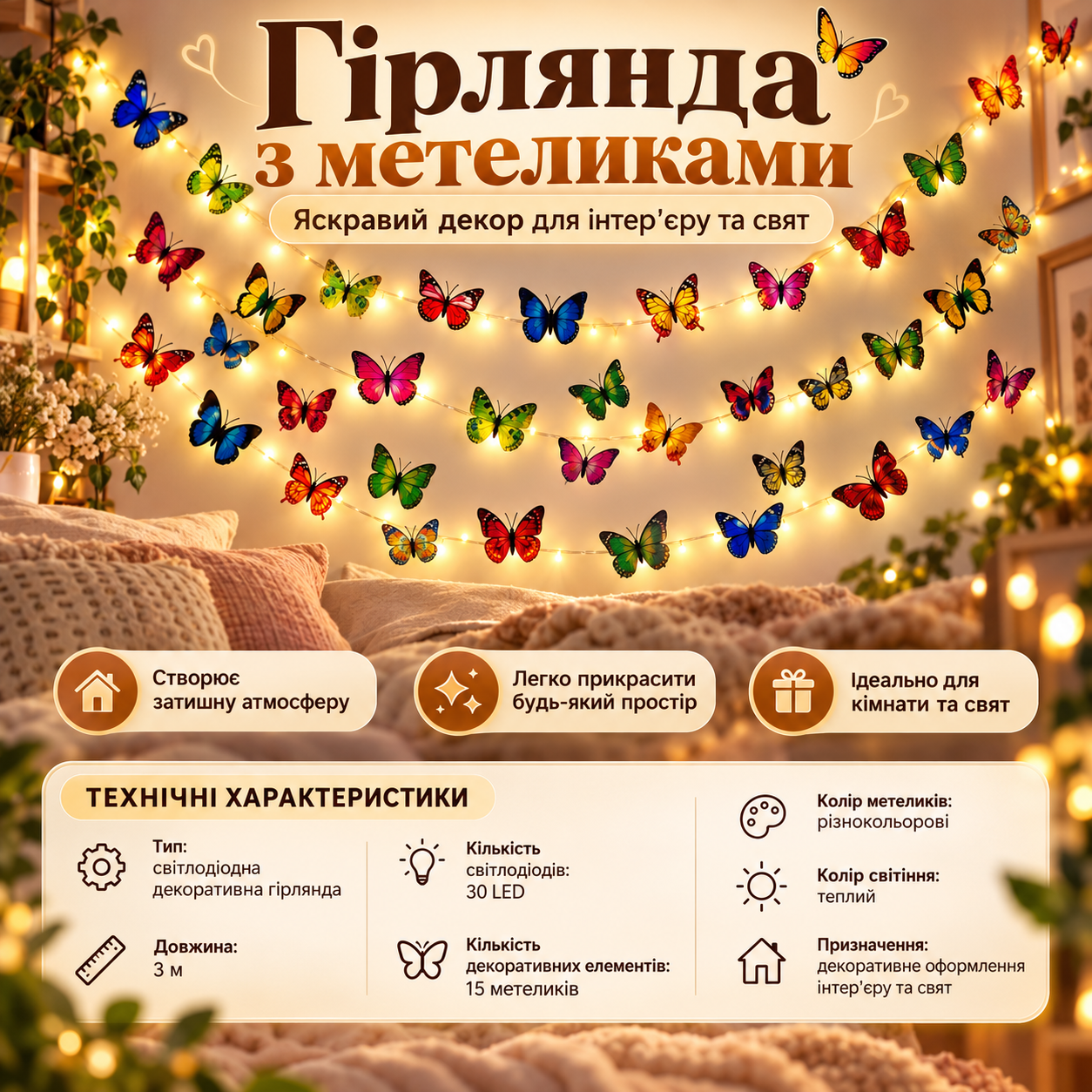 Світлодіодна гірлянда Метелики 3 м, 30 LED, 15 різнобарвних метеликів, тепле світло, декоративна гірлянда для інтер’єру та свят KAR292 — фото 2