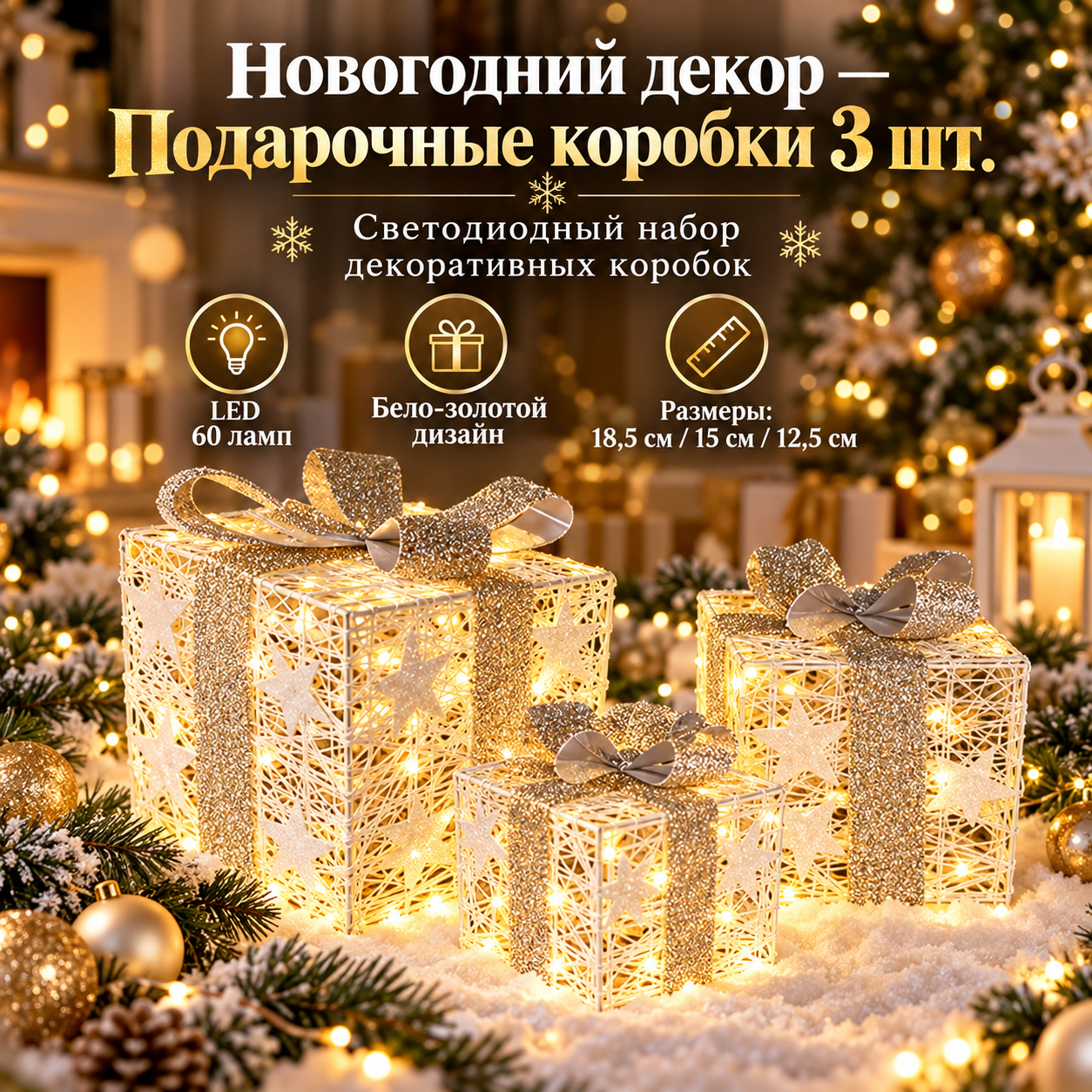 Новорічний декор Подарункові коробки 3 шт., LED 60 ламп, біло-золоті, світлодіодний набір декоративних коробок 18,5, 15 та 12,5 см KAR293 — фото 2