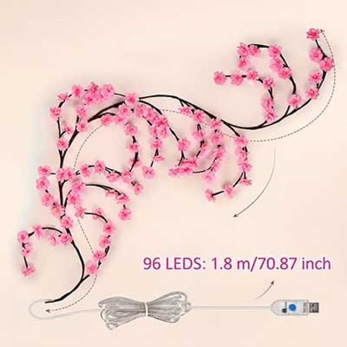 Гірлянда Сакура 1,8 м, 96 LED, USB, 8 режимів, тепле світло, декоративна гірлянда у формі квітів для свят та інтер’єру KAR307 — фото 3