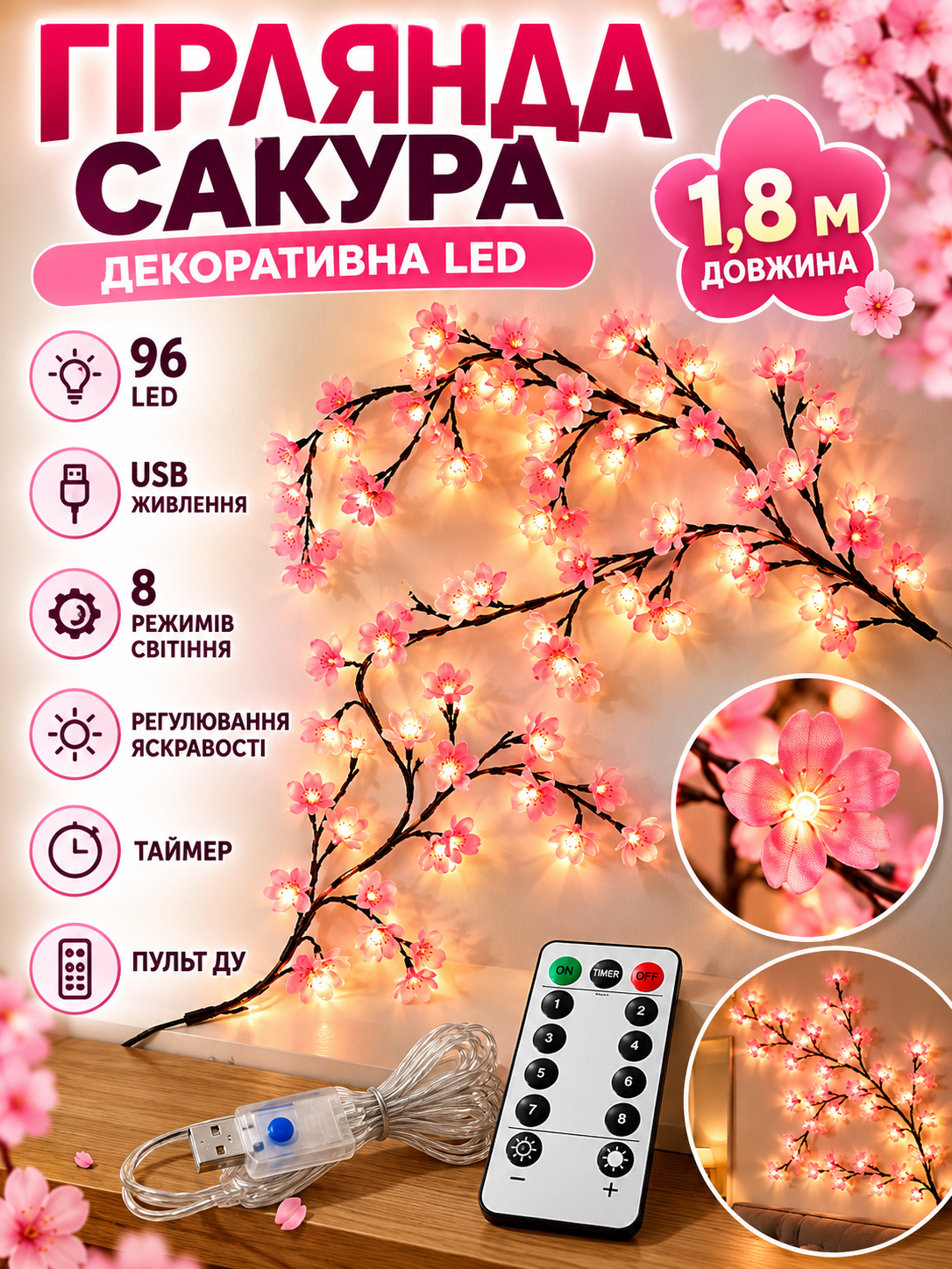 Гірлянда Сакура 1,8 м, 96 LED, USB, 8 режимів, тепле світло, декоративна гірлянда у формі квітів для свят та інтер’єру KAR307 — фото 2