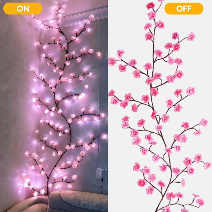 Гірлянда Сакура 1,8 м, 96 LED, USB, 8 режимів, тепле світло, декоративна гірлянда у формі квітів для свят та інтер’єру KAR307 — фото 4